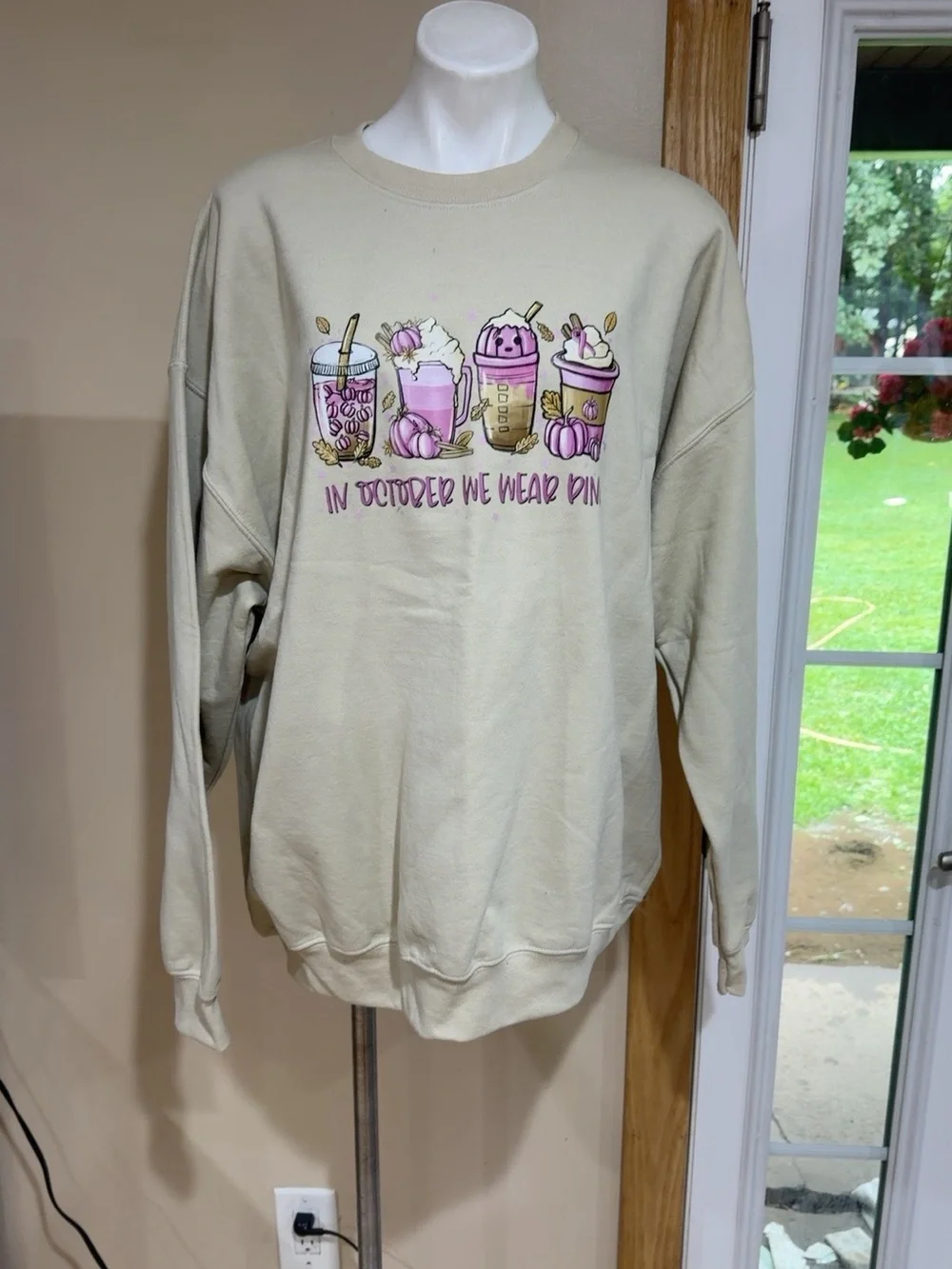 Gildan Cream Sweatshirt with Pink Graphic - 'In October We Wear Pink'